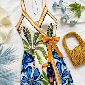 Summer Wrap Dress with Blue Floral & Toucan Print - Yellow Trim
